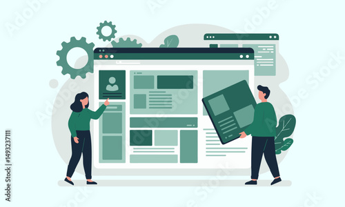 Website Development and Database Administration Illustration. Flat illustration of two people working on website development and database administration.