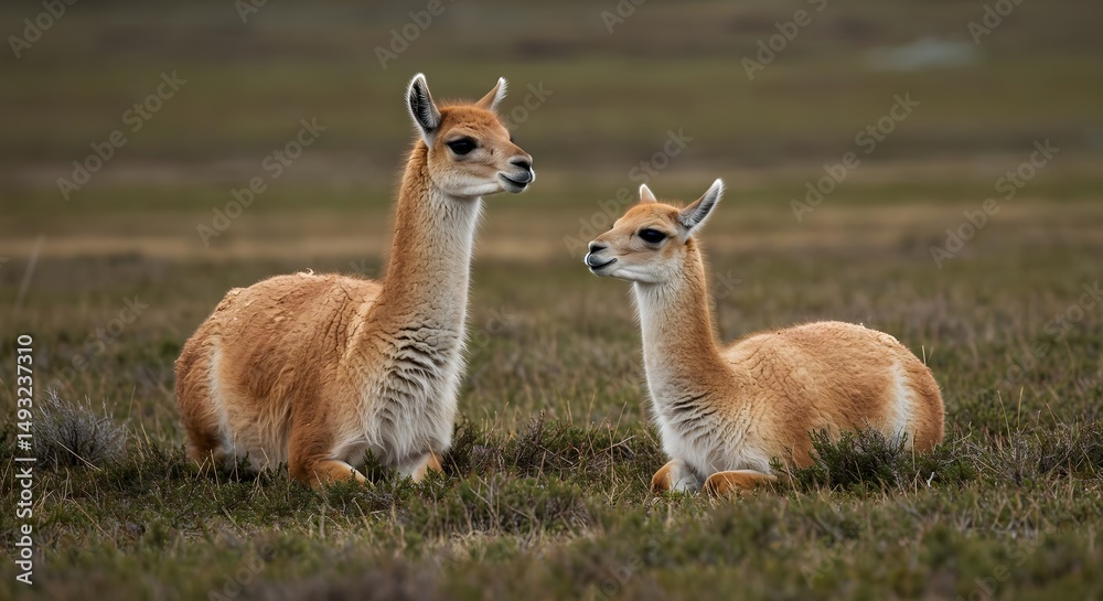 Fototapeta premium guanaco, guanacos, llama, Two Guanacos Resting in Patagonian Grassland