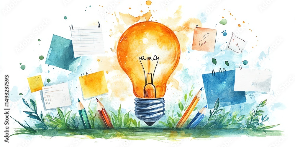 Creative workspace watercolor illustration with a light bulb in the center, surrounded by sticky notes, pencils, and idea sketches, isolated white background clipart