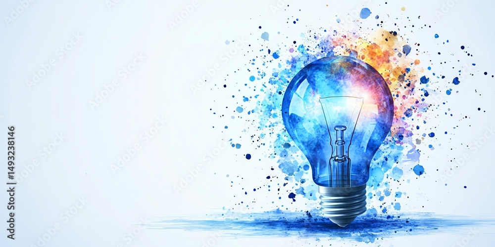 Watercolor blue bulb radiating digital dotted network, concept of innovation and creative tech ideas, clean background, artistic clipart illustration