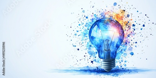 Obraz na płótnie Watercolor blue bulb radiating digital dotted network, concept of innovation and creative tech ideas, clean background, artistic clipart illustration w salonie