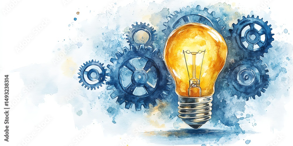 Watercolor clipart concept featuring a light bulb and interlocked gears, symbol of smart solutions, problemsolving and future innovation, clean white background, handpainted style