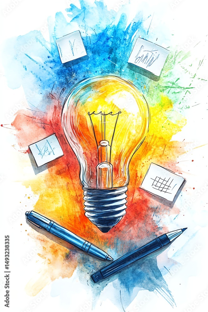 Watercolor clipart of a brainstorming scene with a central light bulb, sticky notes, pens, and sketches, isolated on white, symbolizing imaginative and inspired work