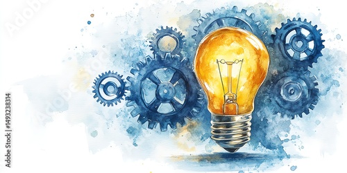 Obraz na płótnie Watercolor clipart concept featuring a light bulb and interlocked gears, symbol of smart solutions, problemsolving and future innovation, clean white background, handpainted style w salonie