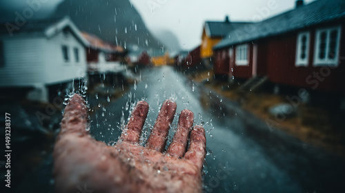 Cinematic First-Person Shot of Hand Reaching into the Rain in a Quiet Mountain Town – Emotional Moody Scene with Realistic Lighting and Dramatic Atmosphere