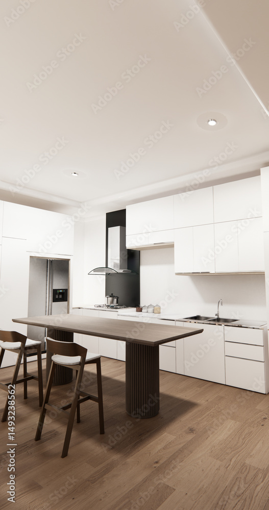 Fototapeta premium Mock up white modern on kitchen counter scene mockup and set shaped kitchen design. 3d rendering