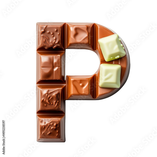 Creative letter P made from assorted chocolate bars and white chocolates on white background