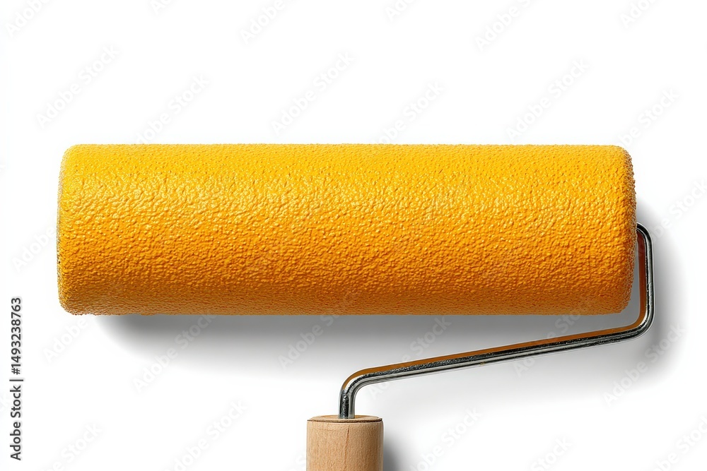 Fototapeta premium Close-up of a paint roller saturated with vibrant yellow paint, ready for a fresh coat.