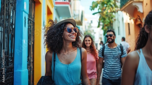 A group of people walking down a colorful street in a tropical city.