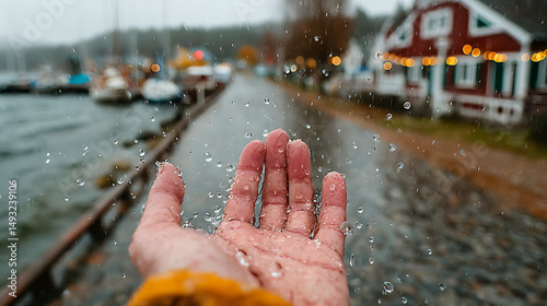 Cinematic First-Person Shot of Hand Reaching into the Rain in a Quiet Mountain Town – Emotional Moody Scene with Realistic Lighting and Dramatic Atmosphere