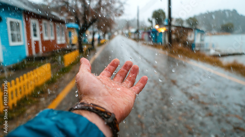 Cinematic First-Person Shot of Hand Reaching into the Rain in a Quiet Mountain Town – Emotional Moody Scene with Realistic Lighting and Dramatic Atmosphere