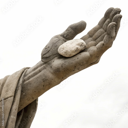 Stone Hand of a Statue Holding a Small Pebble on a White Background. Close-up of an old, weathered stone hand, likely part of a larger statue, gently holding a small, light-colored pebble or stone.