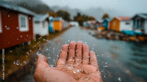 Cinematic First-Person Shot of Hand Reaching into the Rain in a Quiet Mountain Town – Emotional Moody Scene with Realistic Lighting and Dramatic Atmosphere
