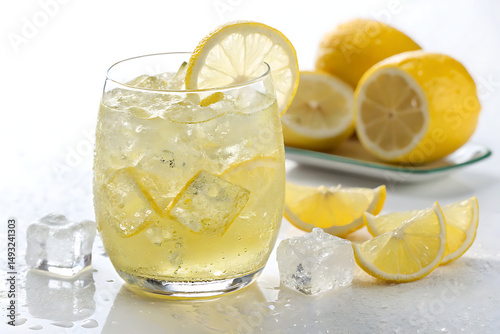 Refreshing Lemonade In A Crystal Clear Glass With Ice Cubes white Background Ai generate.