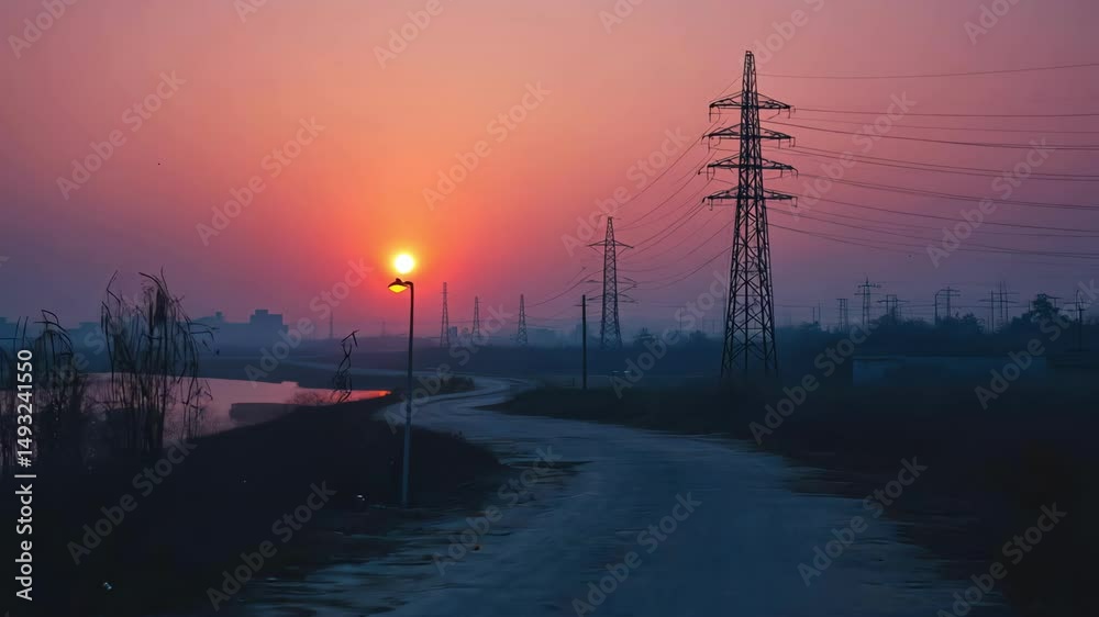 Rural road landscape at dawn, electricity pylons, and golden light Rural road landscape at dawn, electricity pylons, and golden light