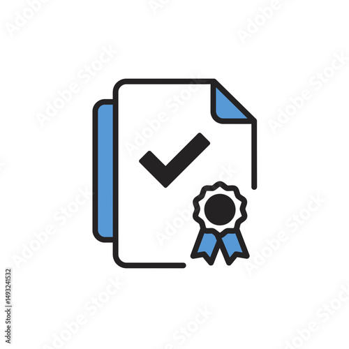 Verified Document Icon with Approval Checkmark and Authentic Ribbon Seal