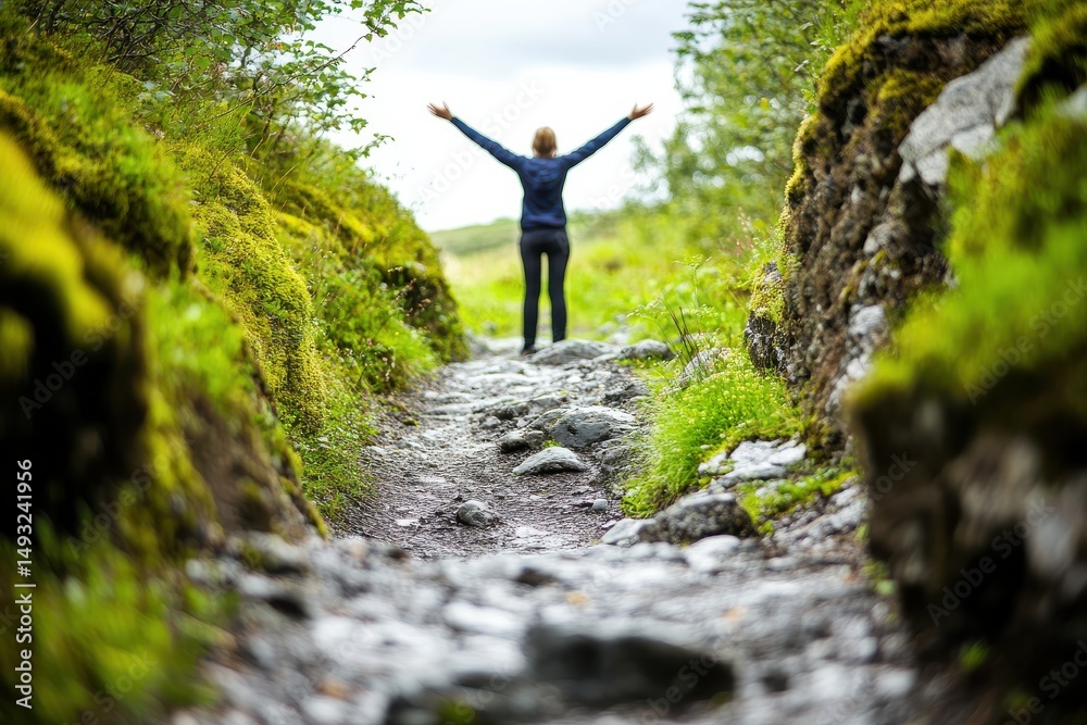 Obraz premium Person Standing on Rocky Pathway Surrounded by Lush Greenery, Experiencing Nature's Beauty and Fresh Air in a Scenic Outdoor Environment
