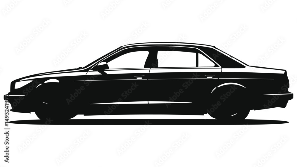 Naklejka premium Sleek Black Sedan Vector Silhouette Against White Background/A clean, sophisticated silhouette of a modern sedan, presented in bold black lines against a pure white background.