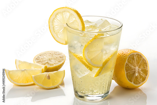 Refreshing Lemonade In A Crystal Clear Glass With Ice Cubes white Background Ai generate.