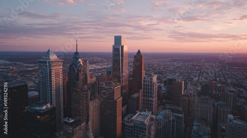 City skyline with modern high-rise buildings at dusk. Dramatic sky. Urban landscape. Aerial view. Impressive architecture. City lights twinkle below.