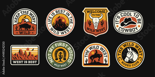 Set of vector western-inspired badge designs. Cowboy, Horse, and Cow skull illustrations. Graphics for t-shirt prints, stickers, posters, and other uses.	