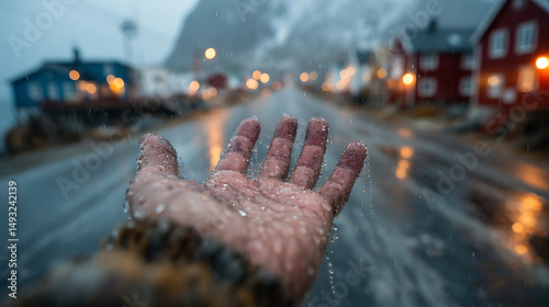 Cinematic First-Person Shot of Hand Reaching into the Rain in a Quiet Mountain Town – Emotional Moody Scene with Realistic Lighting and Dramatic Atmosphere