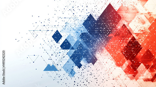 Abstract digital design with overlapping geometric shapes in red and blue