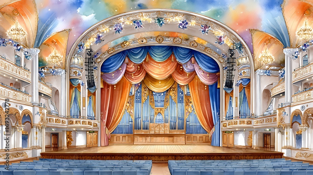 Obraz premium Elegant Watercolor Interior of Concert Hall with Warm Dimmable Lighting Effects