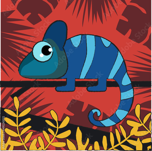 Vector image of a chameleon on a background of plants in the jungle. A simple children's drawing, stylized to match pencil contours. A small colored lizard.

