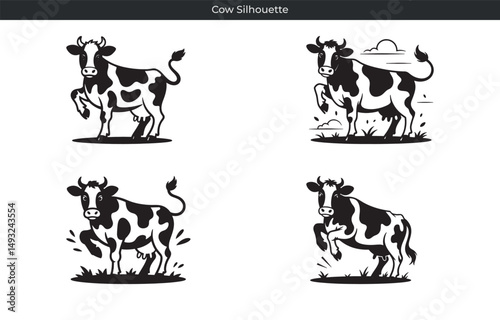Black and white cow silhouette illustrations in various poses for farm and dairy branding