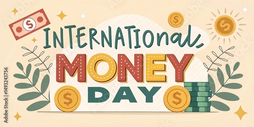 Colorful flat illustration celebrating International Money Day with coins, banknotes, and decorative elements, symbolizing financial literacy and economic awareness in a vibrant design