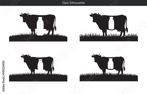 Simple black cow silhouettes with milk bottle symbol in the body and green grass background