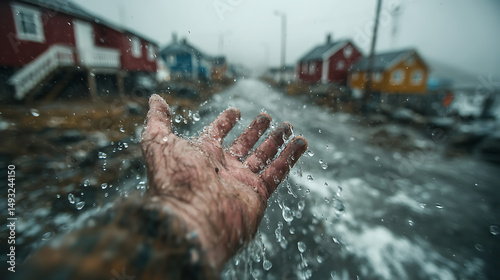 Cinematic First-Person Shot of Hand Reaching into the Rain in a Quiet Mountain Town – Emotional Moody Scene with Realistic Lighting and Dramatic Atmosphere
