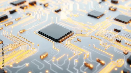 Digital Brain: A close-up view of a futuristic circuit board, with intricate pathways of data coursing through its heart, showcasing the core components of modern technology.