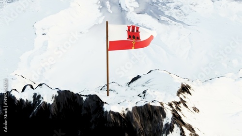Image Description (200 characters):
3D rendering of the Gibraltar national flag, featuring a red castle and golden key on a white and red field, proudly waving atop a snow-covered mountain peak, symbo