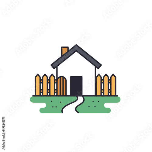 Fenced House Icon: Private Suburban Residence with Defined Property Boundaries