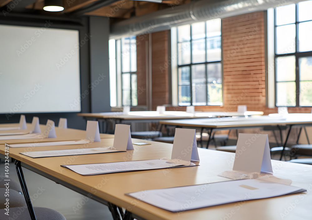 Fototapeta premium workshop room setup with name tags and HR materials ready