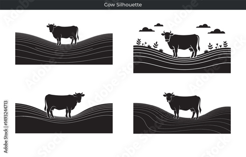 Silhouetted cows grazing on rolling hills with simple floral and cloud decorative elements