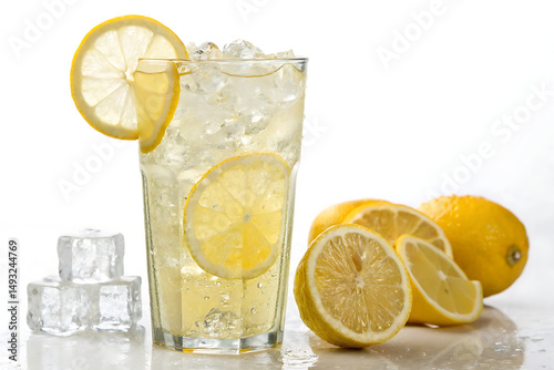 Refreshing Lemonade In A Crystal Clear Glass With Ice Cubes white Background Ai generate.