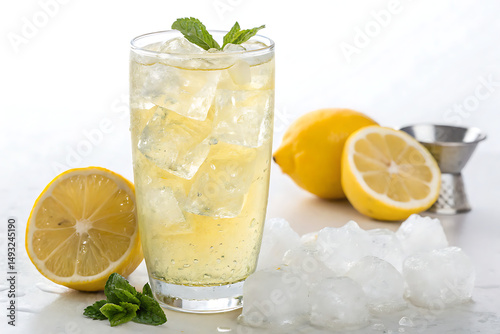 Refreshing Lemonade In A Crystal Clear Glass With Ice Cubes white Background Ai generate.
