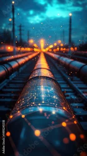 Glowing pipelines stretch into a dusky, industrial landscape.  Network-like patterns illuminate the central pipe