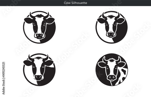 Four cow head silhouette logo designs in black and white circular frames