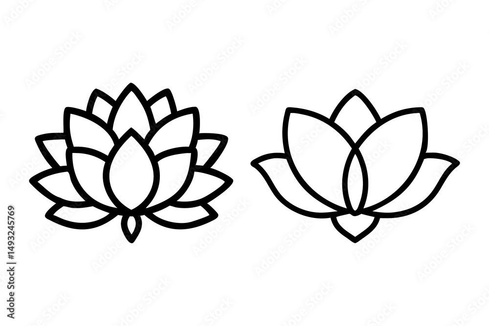 Fototapeta premium Two variations of an elegant lotus flower emerge in this serene minimalist outline