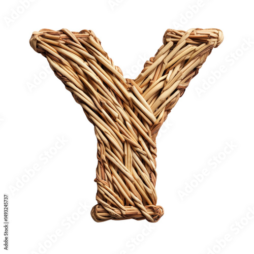 Large wicker letter Y made of natural twisted and woven rattan for rustic decorative signage