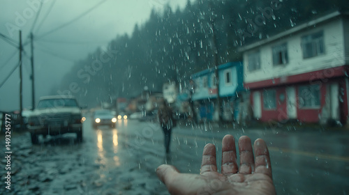 Cinematic First-Person Shot of Hand Reaching into the Rain in a Quiet Mountain Town – Emotional Moody Scene with Realistic Lighting and Dramatic Atmosphere