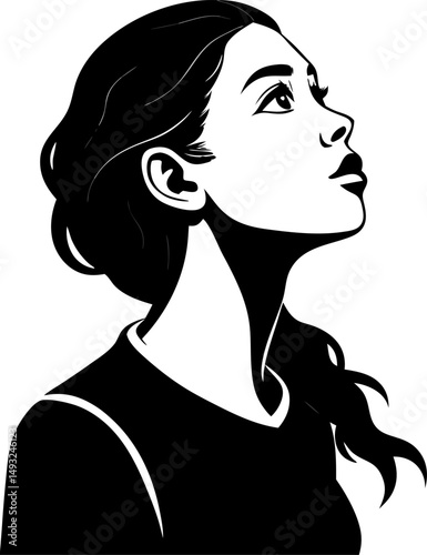 Black silhouette Young woman looking up on a white or transparent background