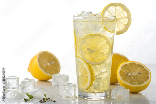 Refreshing Lemonade In A Crystal Clear Glass With Ice Cubes white Background Ai generate.