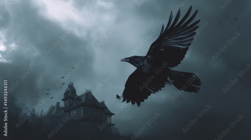 Fototapeta premium Dark Raven Over Old House