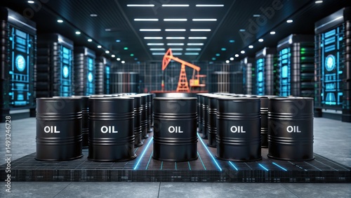 Industrial setting featuring oil barrels and a drilling rig in a modern, high-tech environment.