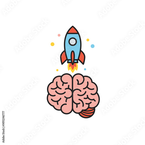 Conceptual Rocket Taking Off From a Human Brain Representing Breakthrough Innovation and Genius